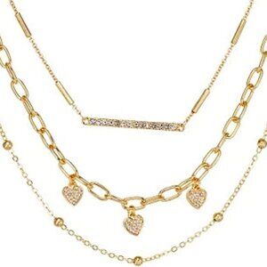 VERA WANG Rocker Chic Gold Heart Charms Clear Crystal Layered Chains Necklace